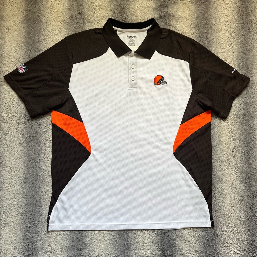 NFL Cleveland Browns Polo Shirt Reebok Men's XL White Orange Brown Football Polo